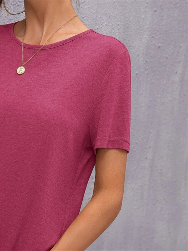 Valenzora | Women's Knit Short Sleeve Dress Round Neck Slit Mid Skirt