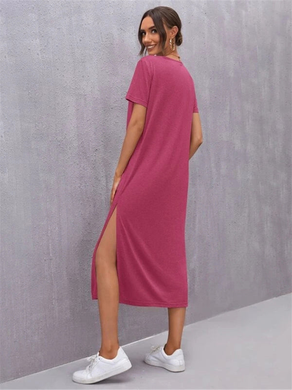 Valenzora | Women's Knit Short Sleeve Dress Round Neck Slit Mid Skirt