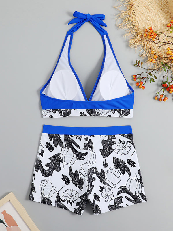 Valenzora | Women's High Waist Boxer Tie Printed Solid Color Panel Bikini