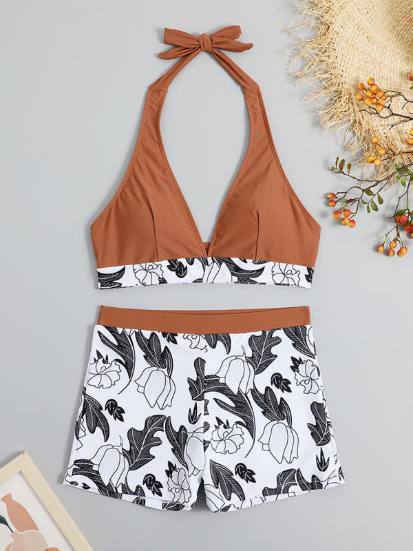 Valenzora | Women's High Waist Boxer Tie Printed Solid Color Panel Bikini