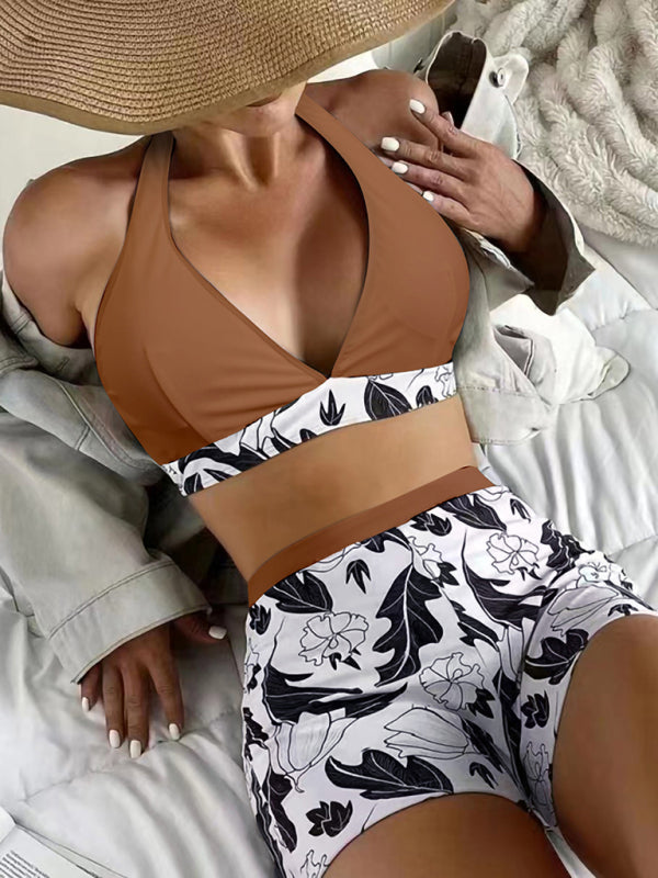 Valenzora | Women's High Waist Boxer Tie Printed Solid Color Panel Bikini