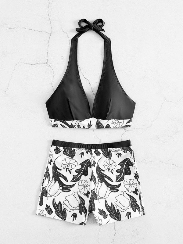 Valenzora | Women's High Waist Boxer Tie Printed Solid Color Panel Bikini