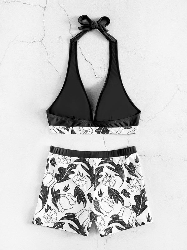 Valenzora | Women's High Waist Boxer Tie Printed Solid Color Panel Bikini