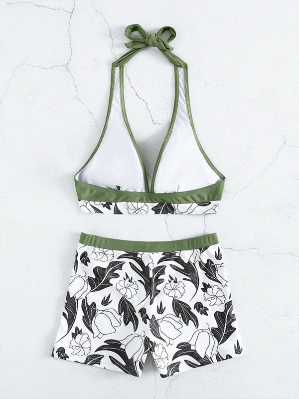Valenzora | Women's High Waist Boxer Tie Printed Solid Color Panel Bikini