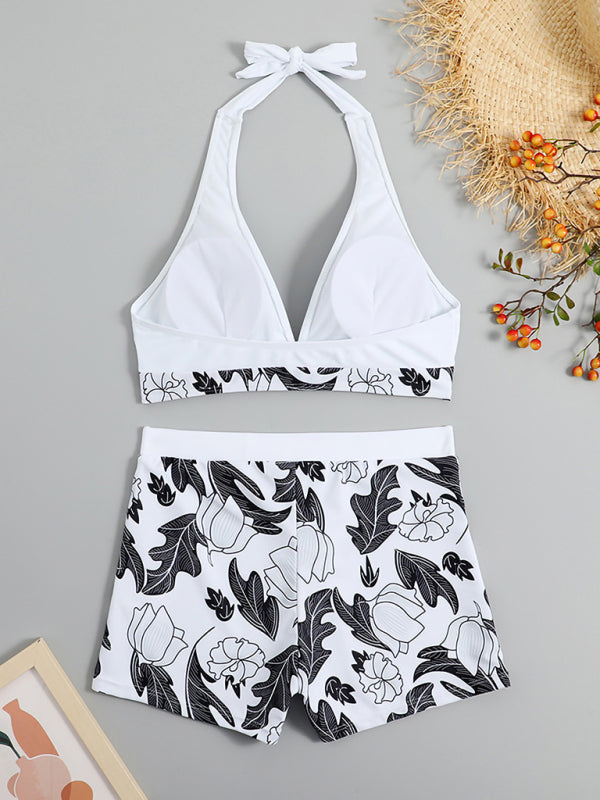 Valenzora | Women's High Waist Boxer Tie Printed Solid Color Panel Bikini