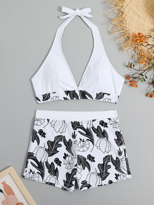 Valenzora | Women's High Waist Boxer Tie Printed Solid Color Panel Bikini