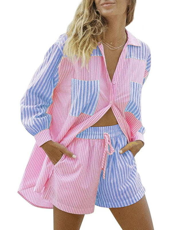 Valenzora | Summer Beach Sportswear Shorts Set Striped Shirt Tops Shorts Set Two-Piece Set