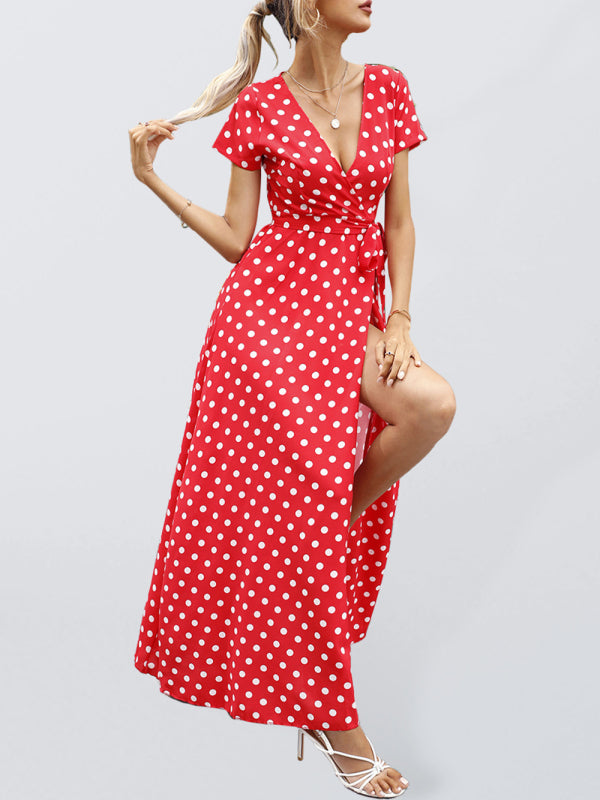 Valenzora | Casual waist-length short-sleeved polka dot slit dress