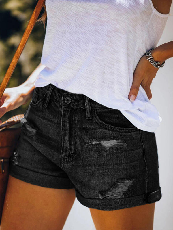 Valenzora | Damen Stretch-Jeans-Shorts mit Löchern, mittelhoher Bund