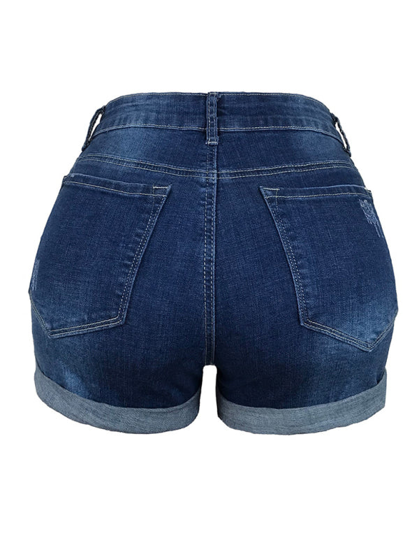 Valenzora | Damen Stretch-Jeans-Shorts mit Löchern, mittelhoher Bund
