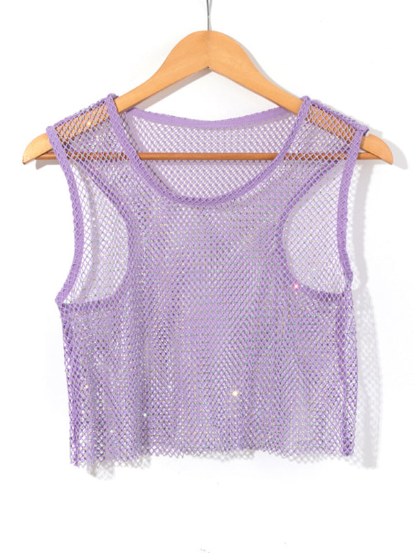 Valenzora | Sexy Mesh Lightning Diamond Fisherman's Net Vest Nightclub Perspective Hot Girl T-Shirt Top