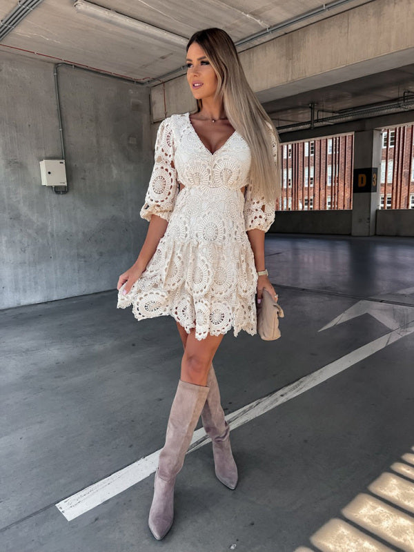 Valenzora | Women's Solid Color V-Neck Lace Dress