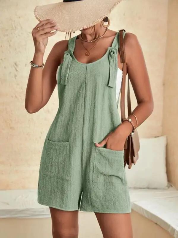 Valenzora | Women's Solid Color Patch Pocket Lace-Up Casual Jumpsuit