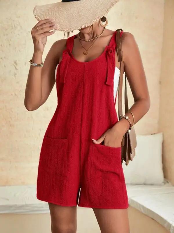 Valenzora | Women's Solid Color Patch Pocket Lace-Up Casual Jumpsuit