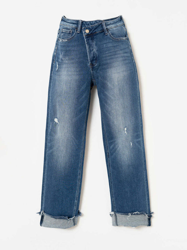 Valenzora | Women's Denim Washed High Waist Fashionable Casual Design Drawstring Trousers