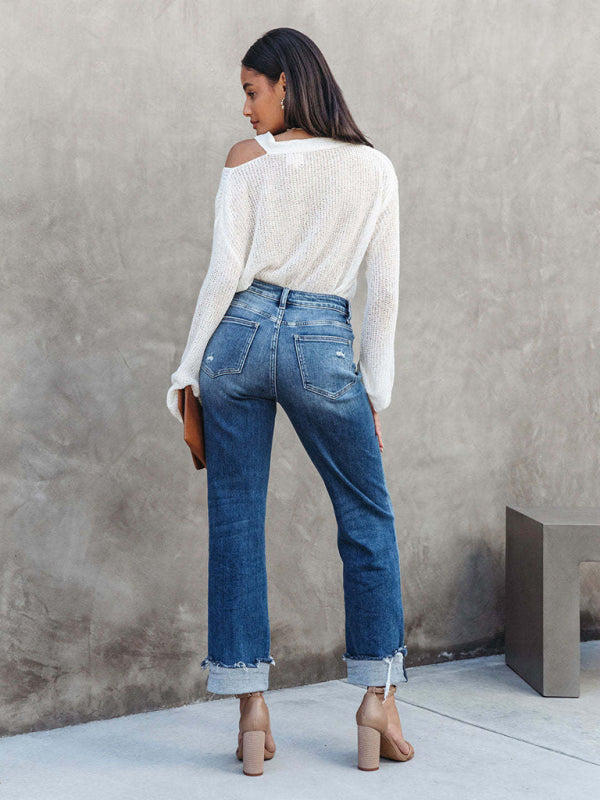 Valenzora | Women's Denim Washed High Waist Fashionable Casual Design Drawstring Trousers
