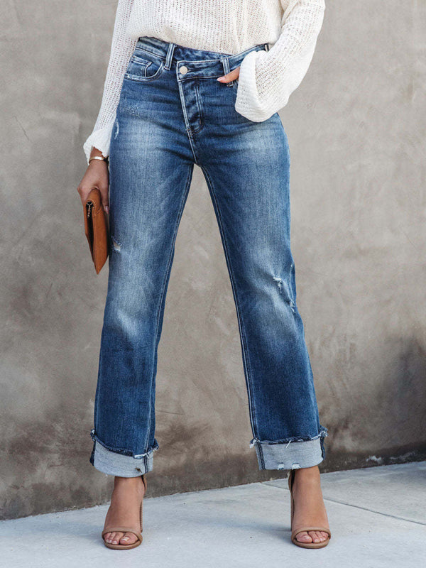 Valenzora | Women's Denim Washed High Waist Fashionable Casual Design Drawstring Trousers