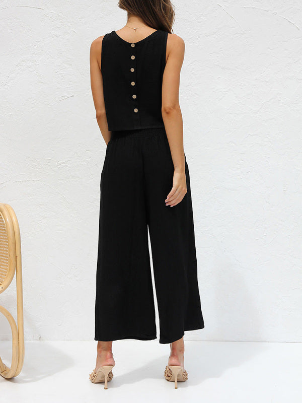 Valenzora | Women's Casual Sleeveless Button-Down Vest with Wide-Leg Trousers, Cotton and Linen Suit