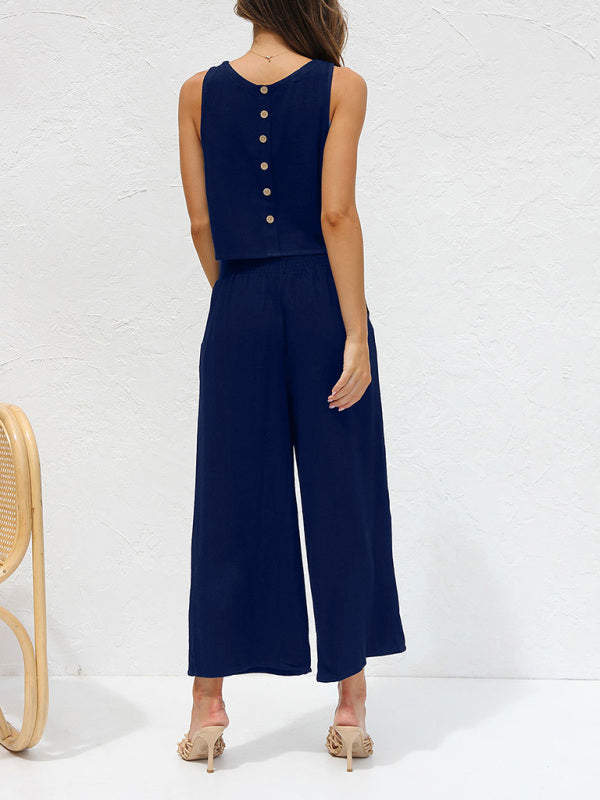 Valenzora | Women's Casual Sleeveless Button-Down Vest with Wide-Leg Trousers, Cotton and Linen Suit