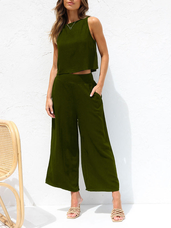 Valenzora | Women's Casual Sleeveless Button-Down Vest with Wide-Leg Trousers, Cotton and Linen Suit