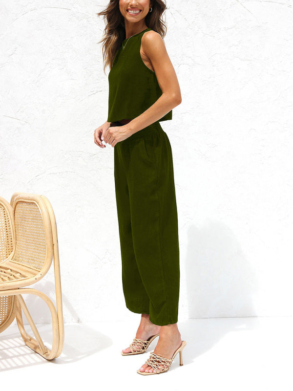 Valenzora | Women's Casual Sleeveless Button-Down Vest with Wide-Leg Trousers, Cotton and Linen Suit