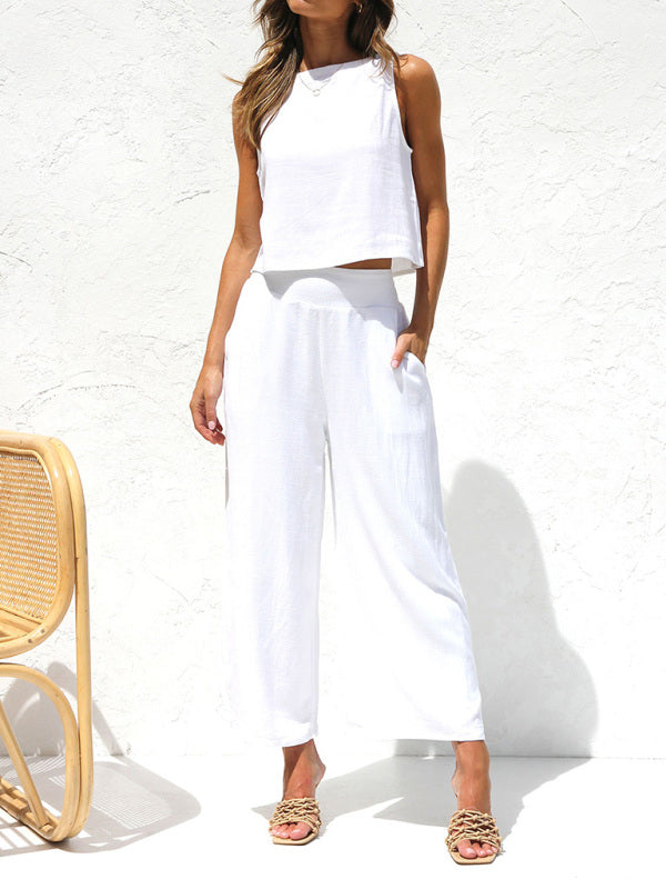 Valenzora | Women's Casual Sleeveless Button-Down Vest with Wide-Leg Trousers, Cotton and Linen Suit