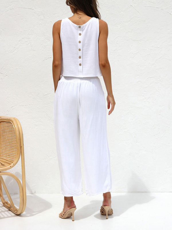 Valenzora | Women's Casual Sleeveless Button-Down Vest with Wide-Leg Trousers, Cotton and Linen Suit