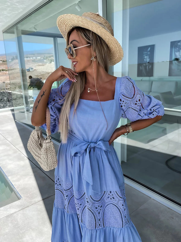 Valenzora | Women's Woven Square Neckline Hollow Crochet Mosaic Casual Long Dress
