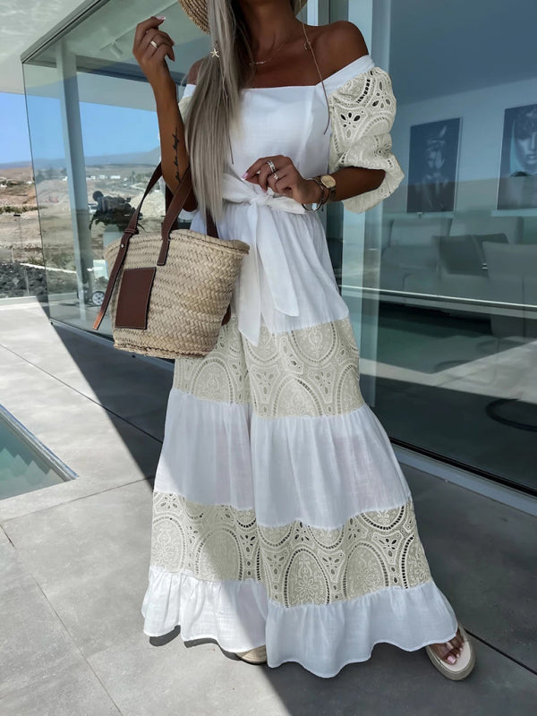 Valenzora | Women's Woven Square Neckline Hollow Crochet Mosaic Casual Long Dress