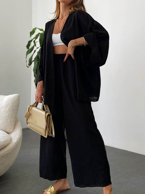Valenzora | New Cotton and Linen Suit Cardigan Long-Sleeved Top Pocket Wide-Leg Trousers Two-Piece Set