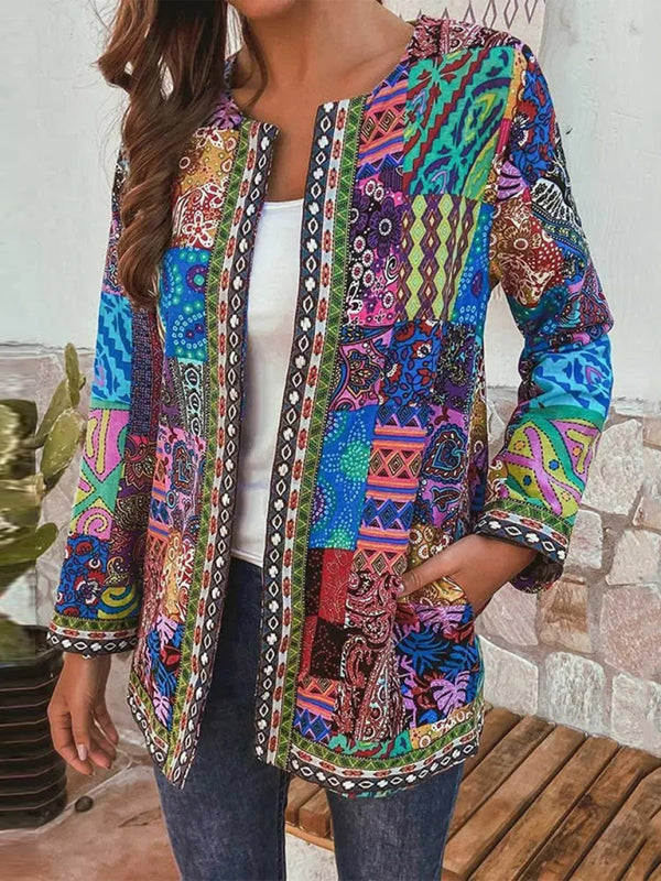Valenzora | Lässige Retro-Baumwoll-Leinen-Jacke mit lockerem Print und langen Ärmeln