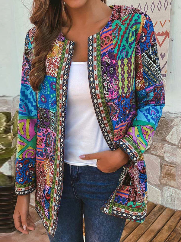 Valenzora | Lässige Retro-Baumwoll-Leinen-Jacke mit lockerem Print und langen Ärmeln
