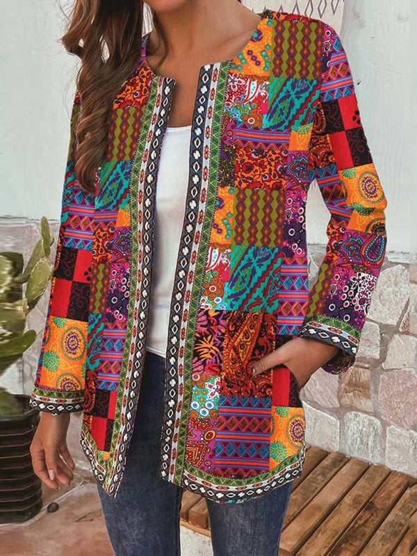 Valenzora | Lässige Retro-Baumwoll-Leinen-Jacke mit lockerem Print und langen Ärmeln