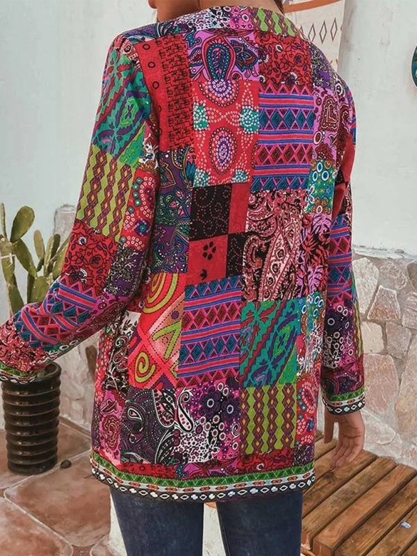 Valenzora | Lässige Retro-Baumwoll-Leinen-Jacke mit lockerem Print und langen Ärmeln