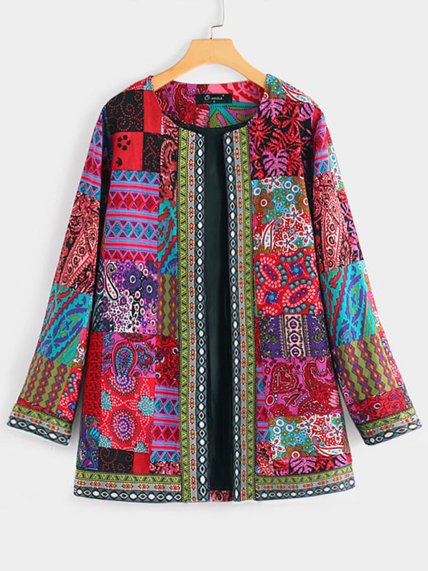 Valenzora | Lässige Retro-Baumwoll-Leinen-Jacke mit lockerem Print und langen Ärmeln