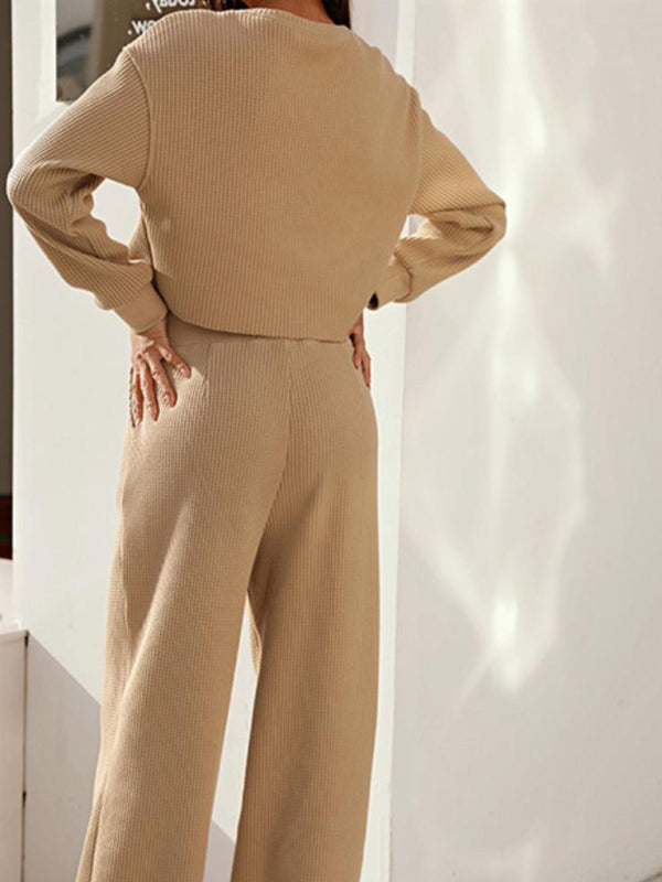 Valenzora | Women's Two-Piece Set, Round Neck, Long Sleeves, Wide Leg Trousers