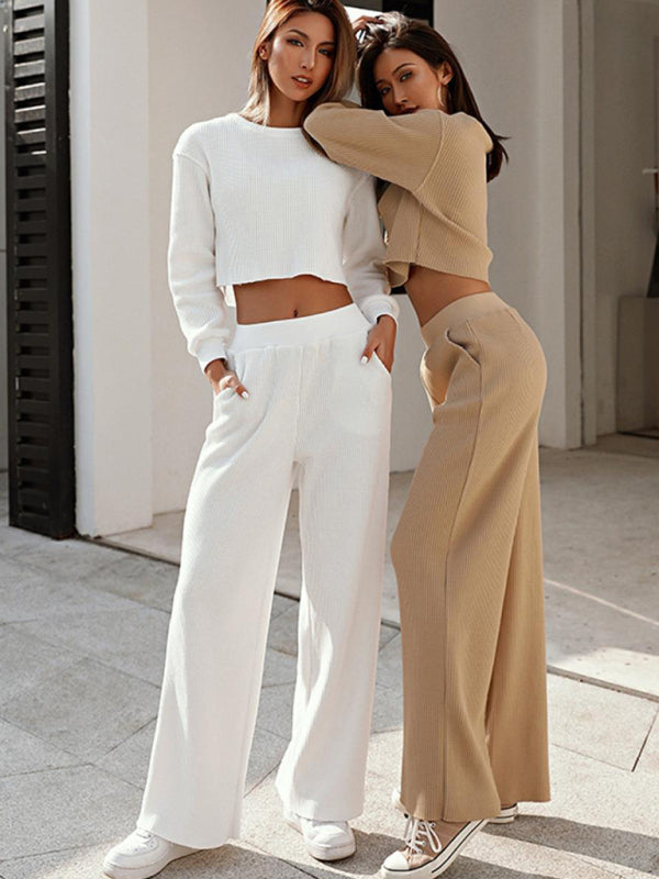 Valenzora | Women's Two-Piece Set, Round Neck, Long Sleeves, Wide Leg Trousers