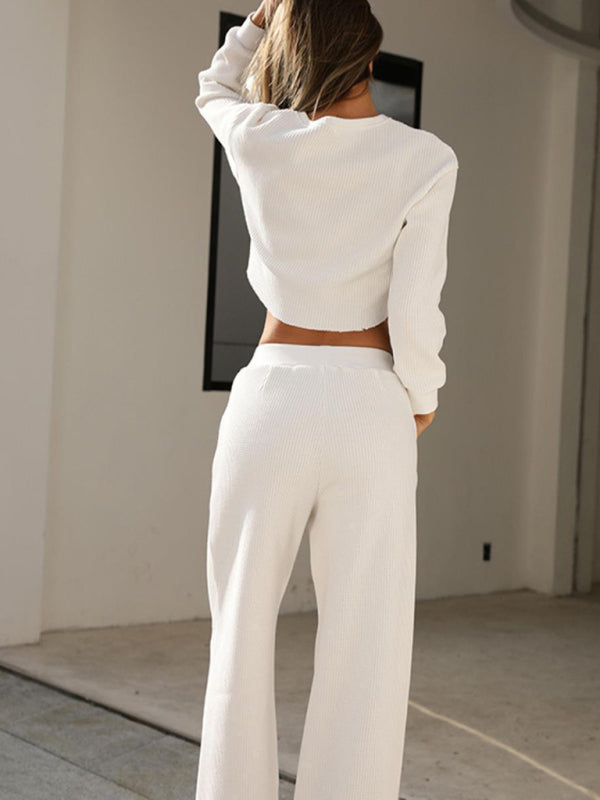 Valenzora | Women's Two-Piece Set, Round Neck, Long Sleeves, Wide Leg Trousers