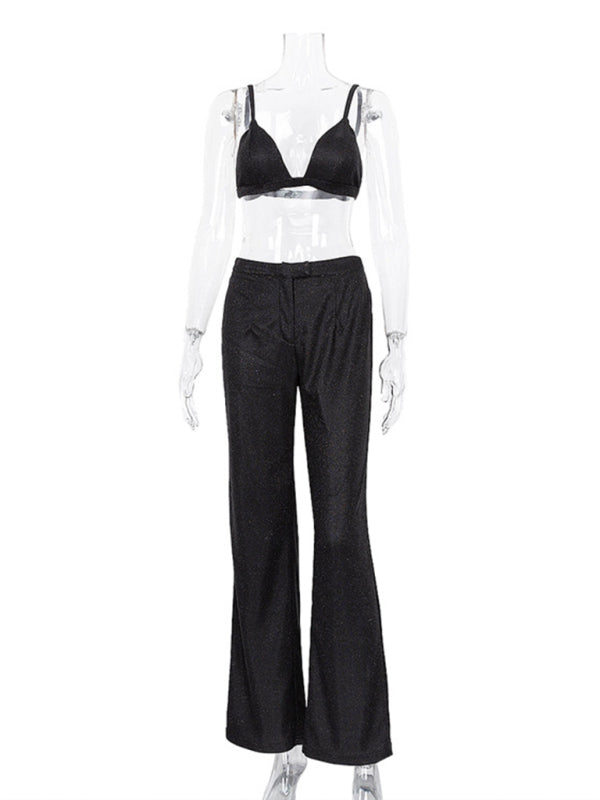Valenzora | New camisole, slim straight high-waisted trousers, sexy sequined jacket suit set (three-piece set)
