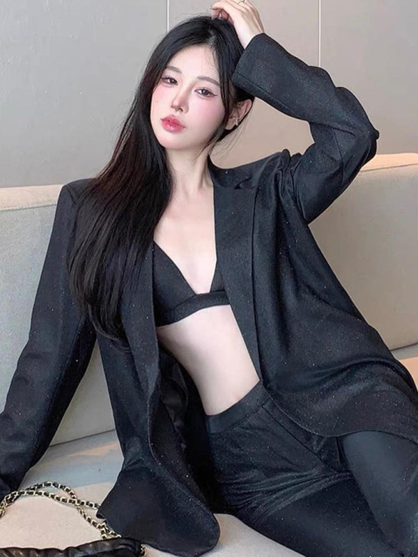 Valenzora | New camisole, slim straight high-waisted trousers, sexy sequined jacket suit set (three-piece set)