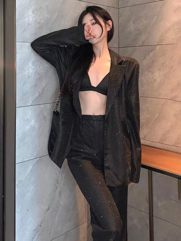 Valenzora | New camisole, slim straight high-waisted trousers, sexy sequined jacket suit set (three-piece set)