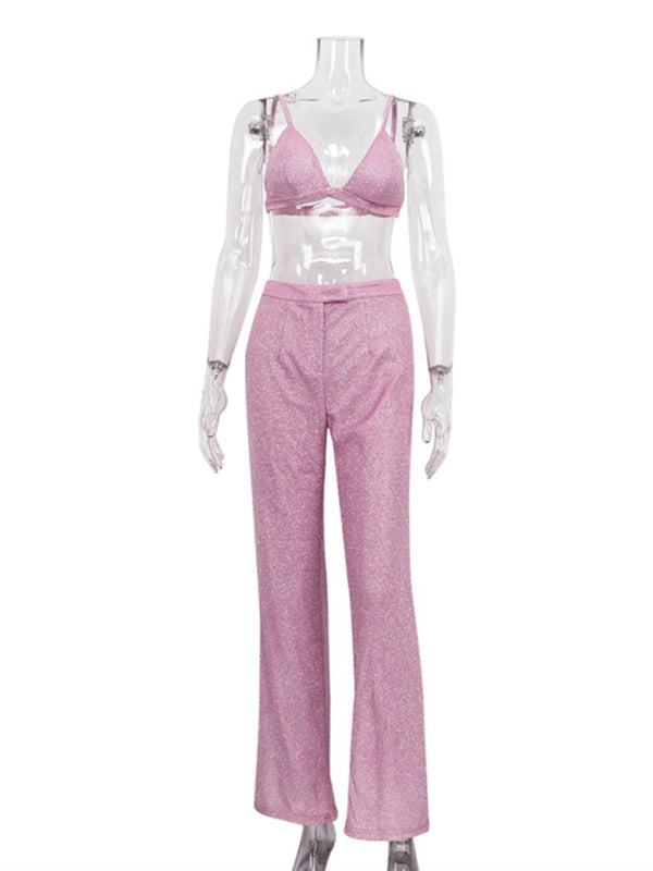 Valenzora | New camisole, slim straight high-waisted trousers, sexy sequined jacket suit set (three-piece set)