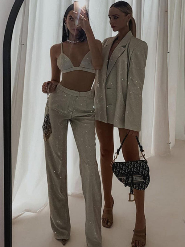 Valenzora | New camisole, slim straight high-waisted trousers, sexy sequined jacket suit set (three-piece set)