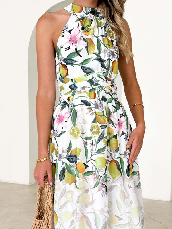 Valenzora | Women's fashionable halter-print waist-slimming dress