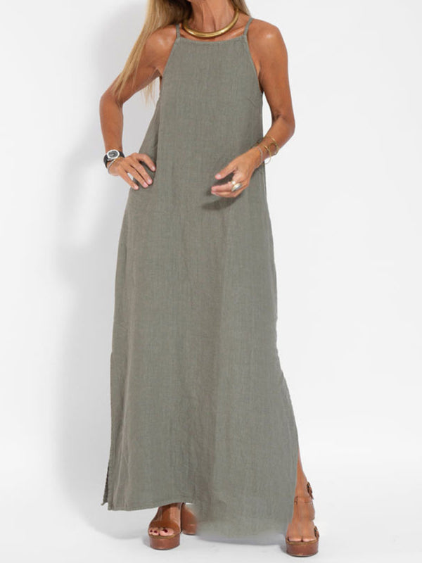 Valenzora | New fashionable casual cotton and linen dress with slit and straps
