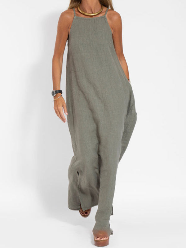 Valenzora | Neues modisches Freizeit-Latzkleid aus Baumwolle und Leinen mit Schlitz