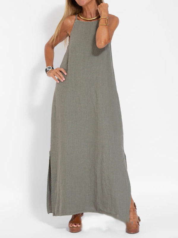 Valenzora | Neues modisches Freizeit-Latzkleid aus Baumwolle und Leinen mit Schlitz