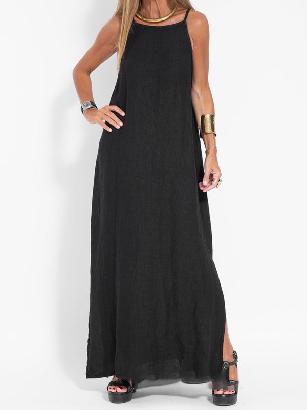 Valenzora | New fashionable casual cotton and linen dress with slit and straps