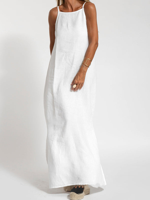 Valenzora | Neues modisches Freizeit-Latzkleid aus Baumwolle und Leinen mit Schlitz