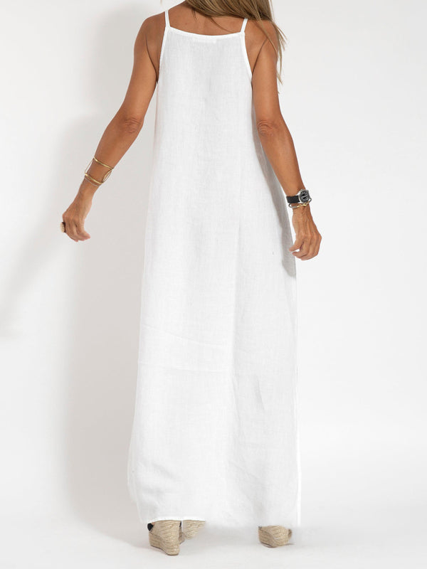 Valenzora | New fashionable casual cotton and linen dress with slit and straps